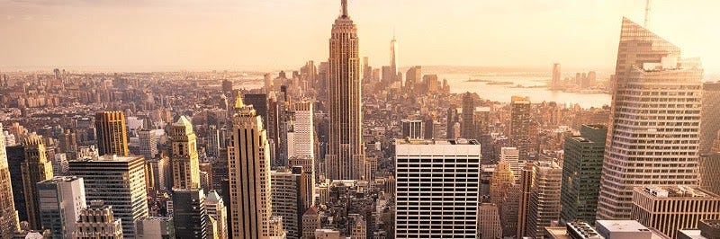 Aerial view of the Manhattan skyline at sunset, the Empire State Building at center