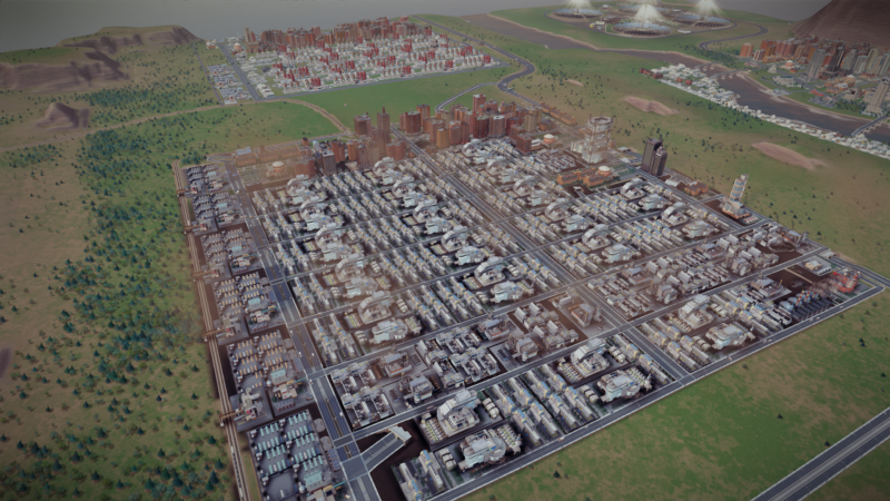 SimCity screenshot of a dense factory town laid out on a grid, surrounded by green countryside