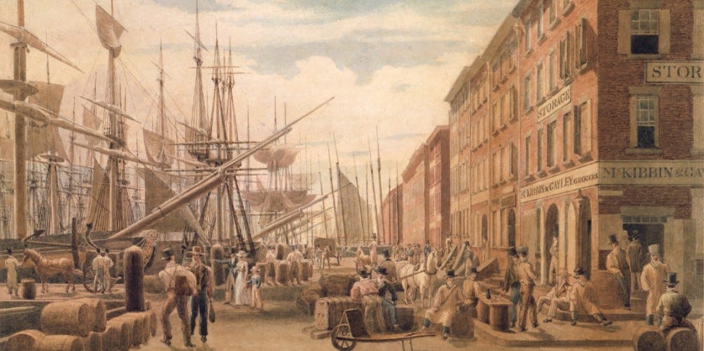 Painting of a bustling early American market street crowded with merchants, carts, and townspeople