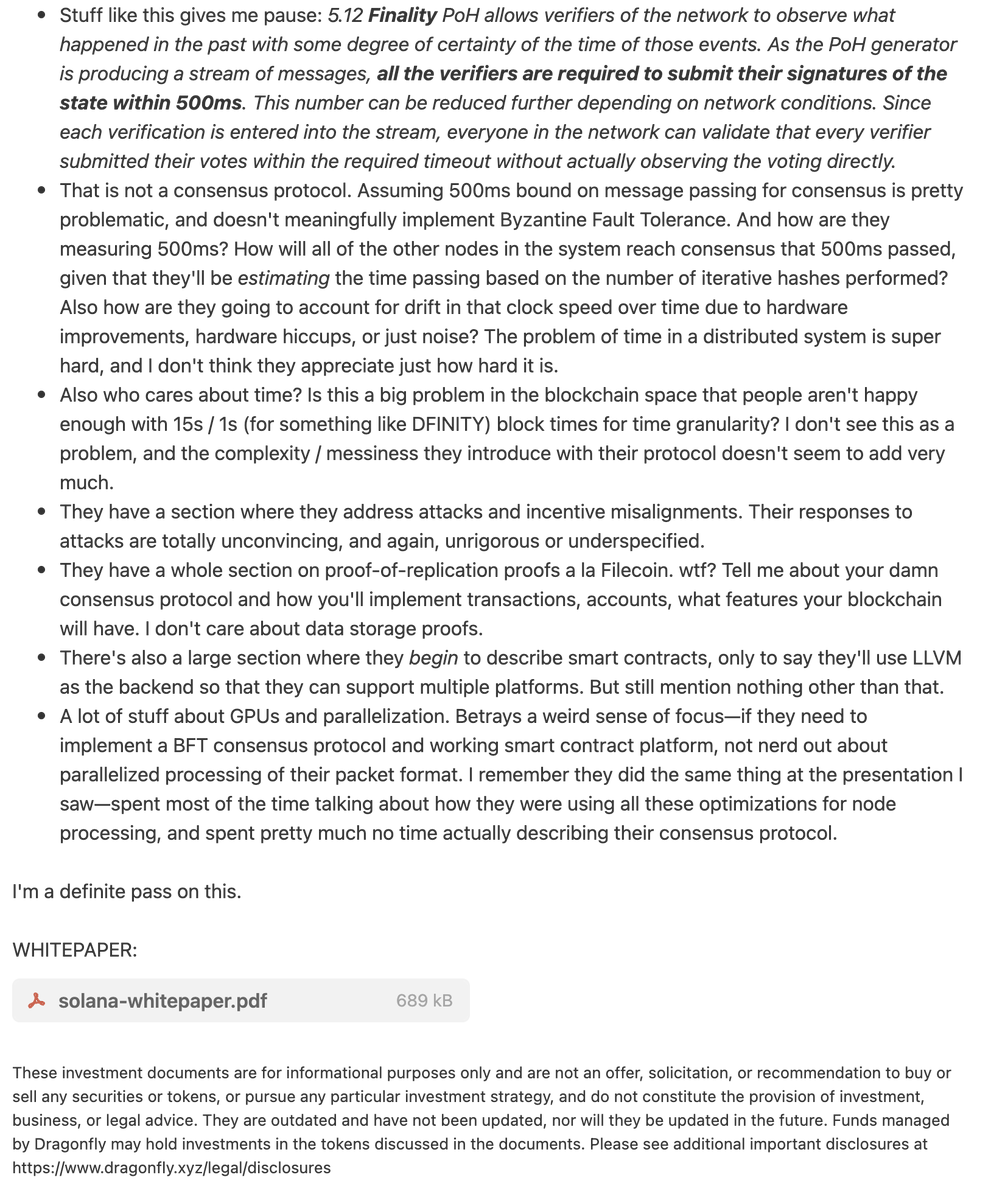 Second page of the memo picking apart the 500ms finality claim and the team's focus on GPU optimization, ending: "I'm a definite pass on this."