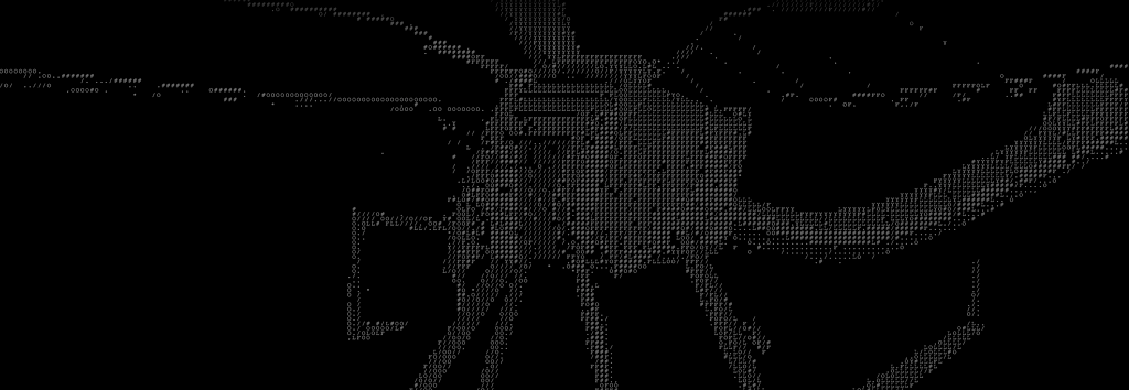 ASCII-art illustration of a dragonfly drawn in gray text characters on a black background