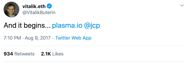 Social media post from the 2017 wave of Ethereum community excitement around Plasma