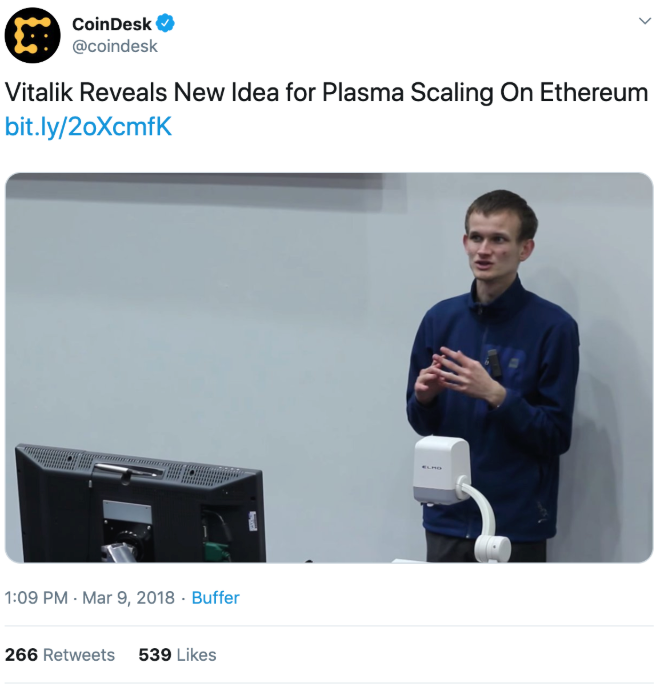 Screenshot of a claim that Plasma Cash could reach hundreds of thousands of transactions per second