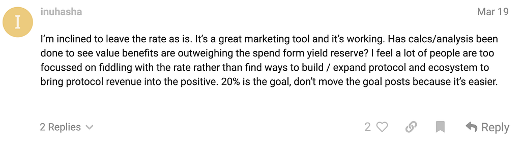 Anchor governance forum comment urging the 20% rate stay, calling it “a great marketing tool”