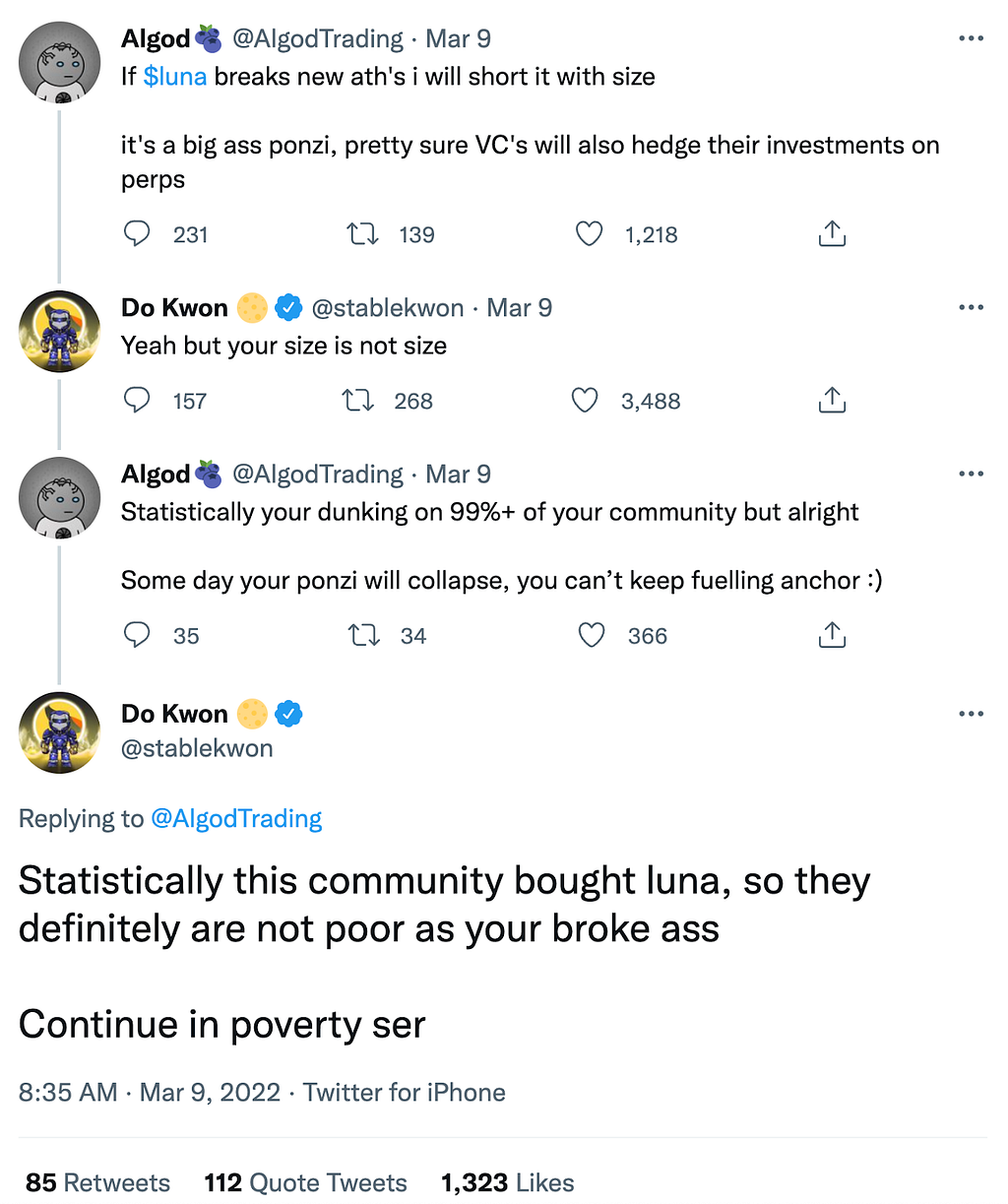 Twitter thread where Algod calls LUNA a ponzi and Do Kwon replies with taunts like “Continue in poverty ser”