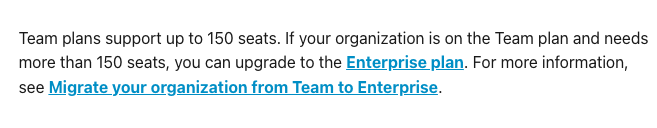 Screenshot of Anthropic docs stating Team plans support up to 150 seats and larger orgs must upgrade to Enterprise